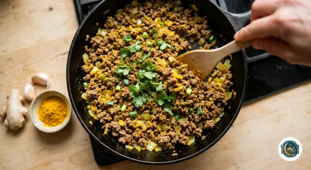 Poêle en fonte noire remplie de bœuf haché bien émietté et doré, teinté de jaune par le curcuma, avec des oignons fondus, des rondelles de cébette et de la coriandre fraîche ciselée, qu’une main remue avec une spatule en bois, à côté d’un morceau de gingembre, de deux gousses d’ail et d’un petit bol de curcuma