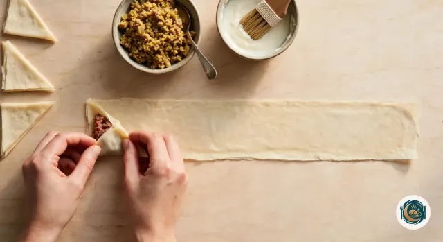 Vue de dessus d’une longue bande de feuille de brick crue sur un plan de travail clair, avec à son extrémité gauche un premier triangle replié sur la farce que deux mains s’apprêtent à replier, un bol de farce au bœuf avec une cuillère, un bol de colle à la farine avec un pinceau et trois samoussas crus déjà pliés