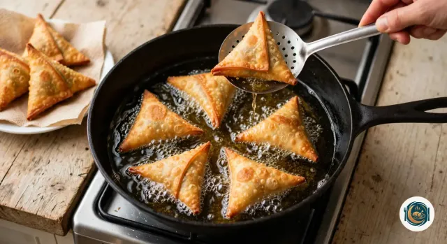 Sauteuse en fonte noire remplie d’huile bouillonnante où dorent cinq samoussas triangulaires, pendant qu’une main en retire un sixième, bien doré, avec une écumoire en inox, et qu’une assiette tapissée de papier absorbant porte déjà trois samoussas frits