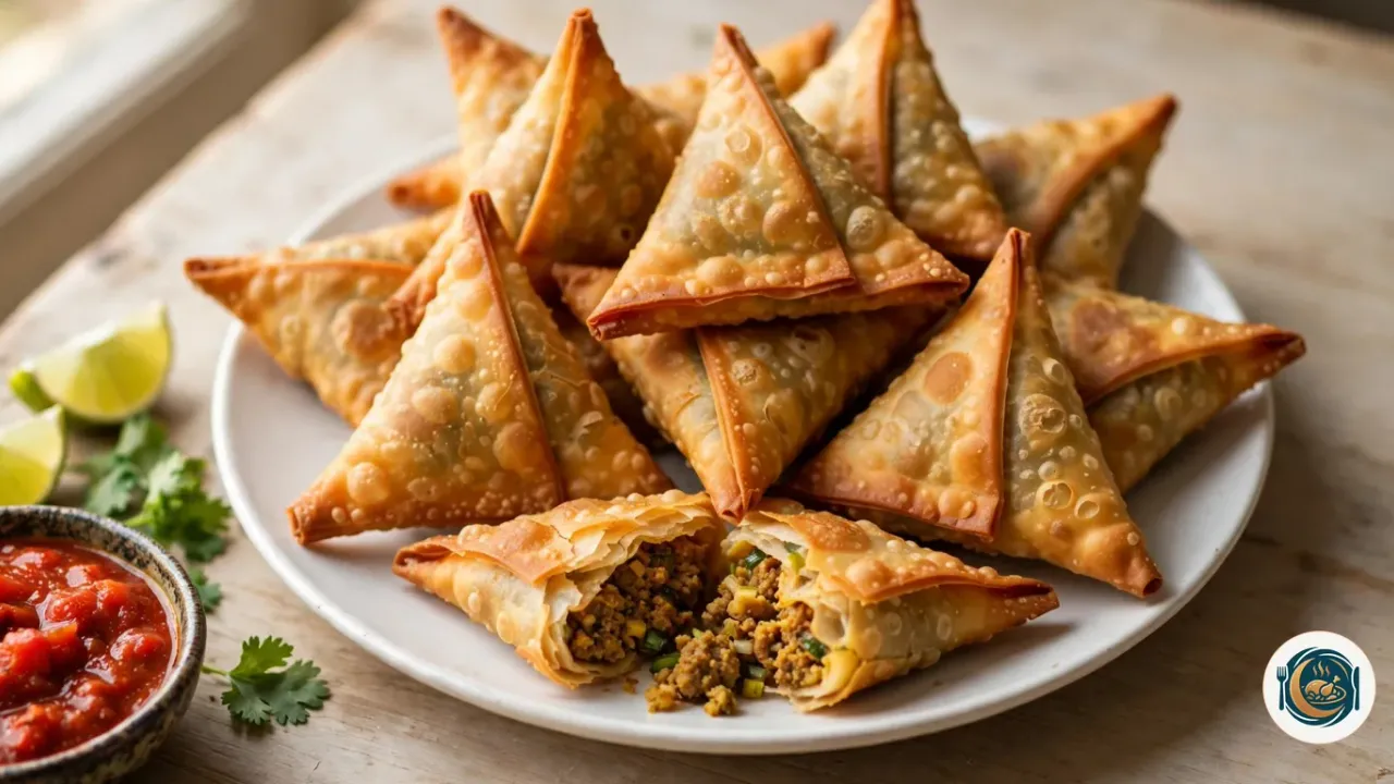 Assiette blanche garnie d’une dizaine de samoussas triangulaires frits, dorés et croustillants, dont un ouvert au premier plan qui montre une farce de bœuf haché jaunie au curcuma avec des morceaux d’oignon vert, à côté d’un bol de sauce tomate pimentée, de quartiers de citron vert et de coriandre fraîche