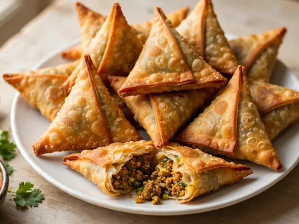 Assiette blanche garnie d’une dizaine de samoussas triangulaires frits, dorés et croustillants, dont un ouvert au premier plan qui montre une farce de bœuf haché jaunie au curcuma avec des morceaux d’oignon vert, à côté d’un bol de sauce tomate pimentée, de quartiers de citron vert et de coriandre fraîche