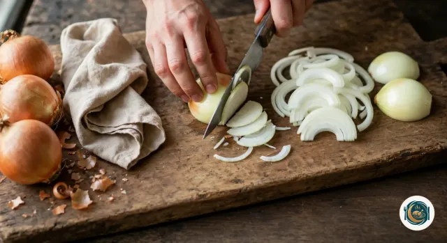 Mains qui émincent un demi-oignon jaune en fines demi-lunes avec un couteau de chef sur une planche en bois, à côté d’un tas de lamelles d’oignon, de deux demi-oignons pelés et de trois oignons entiers