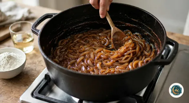 Oignons caramélisés d’un brun ambré, fondants et brillants, dans une cocotte en fonte noire posée sur le gaz, remués avec une cuillère en bois, à côté d’un verre de vin blanc et d’un bol de farine