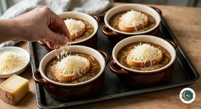 Quatre bols à soupe en grès brun à deux anses sur une plaque de four, remplis de soupe à l’oignon et couverts d’une tranche de baguette grillée et de comté râpé encore cru, une main qui ajoute une pincée de fromage, à côté d’un morceau de comté