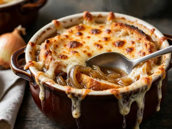 Bol en grès brun à deux anses rempli de soupe à l’oignon, couvert d’une croûte de comté gratiné doré qui coule sur les bords, une cuillère plongée dans les oignons caramélisés et le pain trempé, à côté de deux oignons jaunes et d’un ramequin de fromage râpé