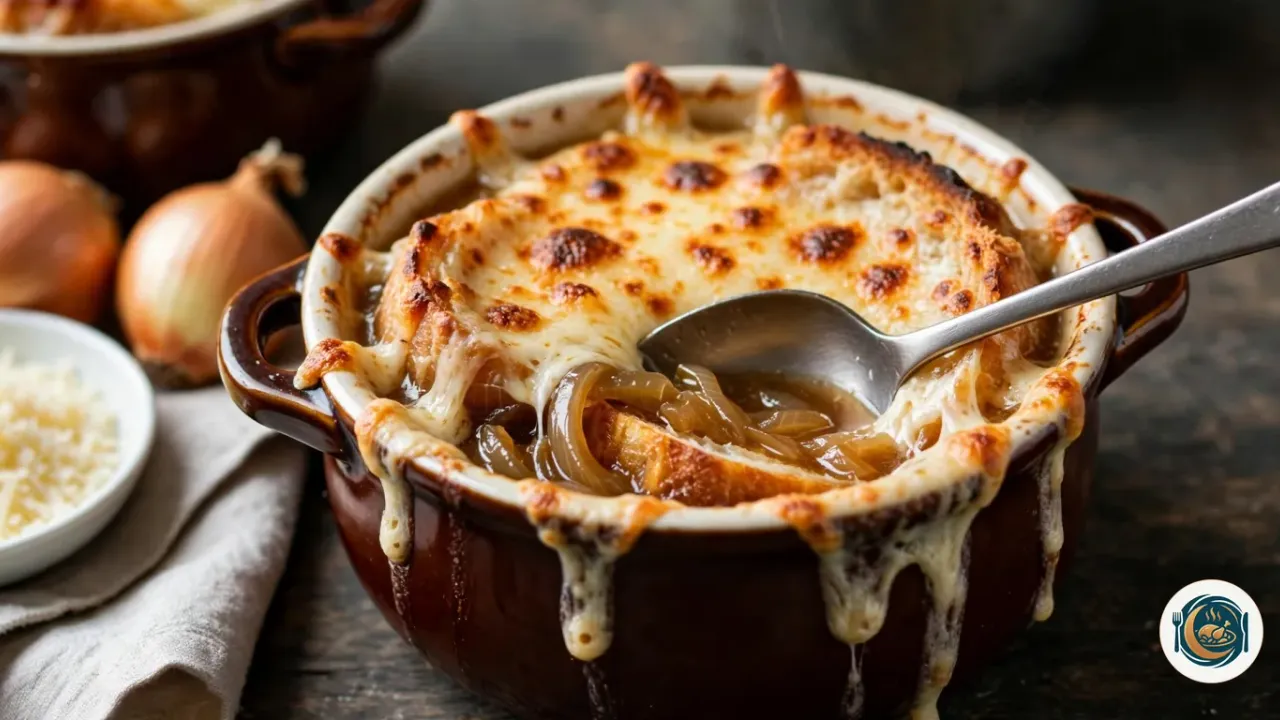Bol en grès brun à deux anses rempli de soupe à l’oignon, couvert d’une croûte de comté gratiné doré qui coule sur les bords, une cuillère plongée dans les oignons caramélisés et le pain trempé, à côté de deux oignons jaunes et d’un ramequin de fromage râpé
