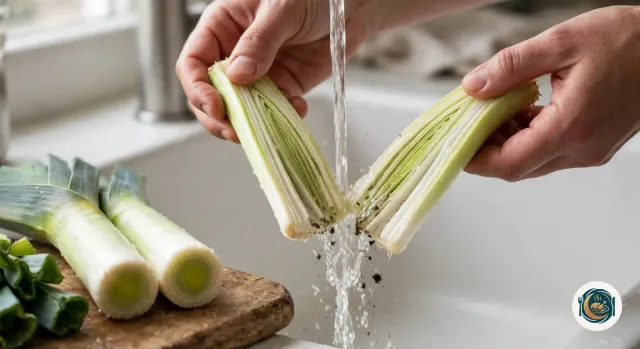 Deux mains tiennent chacune une moitié de poireau fendu dans la longueur sous un filet d’eau du robinet, au-dessus d’un évier blanc, la terre coincée entre les feuilles partant avec l’eau, à côté de poireaux parés posés sur une planche en bois