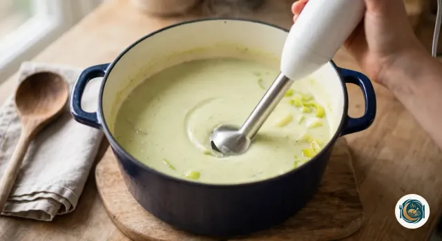 Main qui tient un mixeur plongeant blanc dans la cocotte bleu marine posée sur une planche, la soupe déjà lisse et vert pâle autour du pied, quelques morceaux de poireau et de pomme de terre encore visibles sur le bord, avec une cuillère en bois sur un torchon de lin à gauche