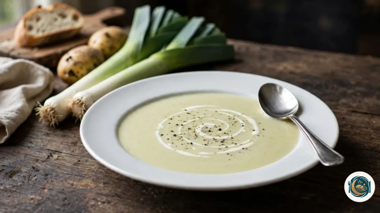 Assiette creuse blanche remplie d’une soupe de poireaux mixée, lisse et vert pâle, avec une spirale de crème et du poivre concassé, une cuillère posée sur le bord, à côté de deux poireaux entiers, de deux pommes de terre et d’une tranche de pain de campagne sur une planche