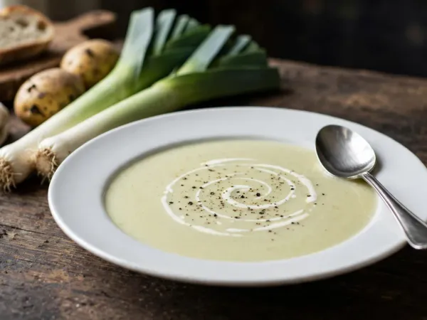 Assiette creuse blanche remplie d’une soupe de poireaux mixée, lisse et vert pâle, avec une spirale de crème et du poivre concassé, une cuillère posée sur le bord, à côté de deux poireaux entiers, de deux pommes de terre et d’une tranche de pain de campagne sur une planche