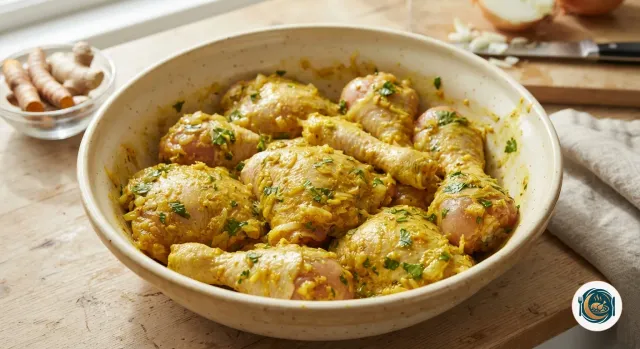 Morceaux de poulet enrobés d’une marinade jaune aux oignons râpés, au curcuma, au gingembre et aux herbes dans un grand saladier