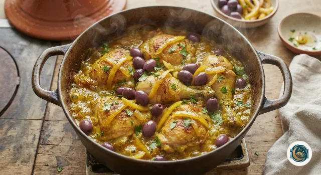 Lanières d’écorce de citron confit et olives violettes ajoutées sur le poulet qui mijote dans une sauce dorée, dans une cocotte en fonte