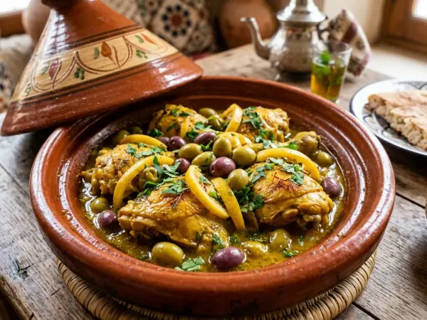 Tajine en terre cuite ouvert, avec des cuisses de poulet dorées dans une sauce jaune, des olives vertes et violettes, des lanières de citron confit et de la coriandre fraîche