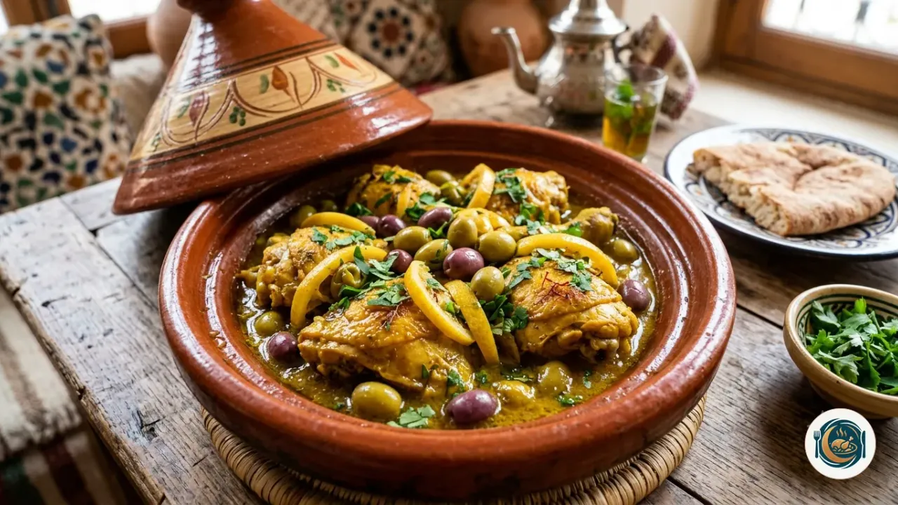 Tajine en terre cuite ouvert, avec des cuisses de poulet dorées dans une sauce jaune, des olives vertes et violettes, des lanières de citron confit et de la coriandre fraîche
