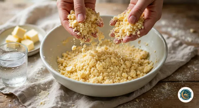 Mains qui sablent du beurre froid dans de la farine au-dessus d’un saladier blanc, la pâte en miettes jaune pâle comme du sable, à côté d’une assiette de cubes de beurre et d’un verre d’eau froide