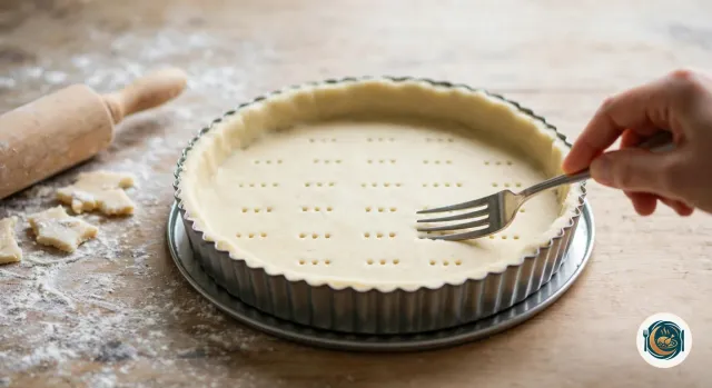 Main qui pique à la fourchette le fond d’une pâte brisée crue foncée dans un moule à tarte cannelé en métal, à côté d’un rouleau à pâtisserie en bois et de chutes de pâte sur le plan de travail fariné