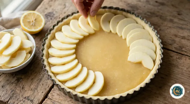 Main qui dispose des lamelles de pomme crue pelée en cercle le long du bord d’un moule à tarte cannelé, sur une couche de compote, la première couronne presque terminée, à côté d’un bol de lamelles de pommes et d’un demi-citron