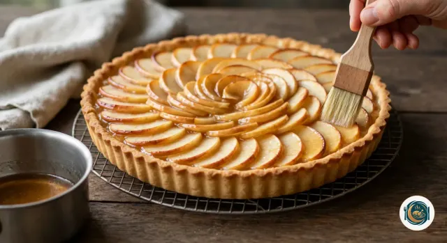 Main qui nappe au pinceau les lamelles de pommes dorées d’une tarte aux pommes démoulée sur une grille, avec un nappage ambré et brillant, à côté d’une petite casserole de nappage à l’abricot