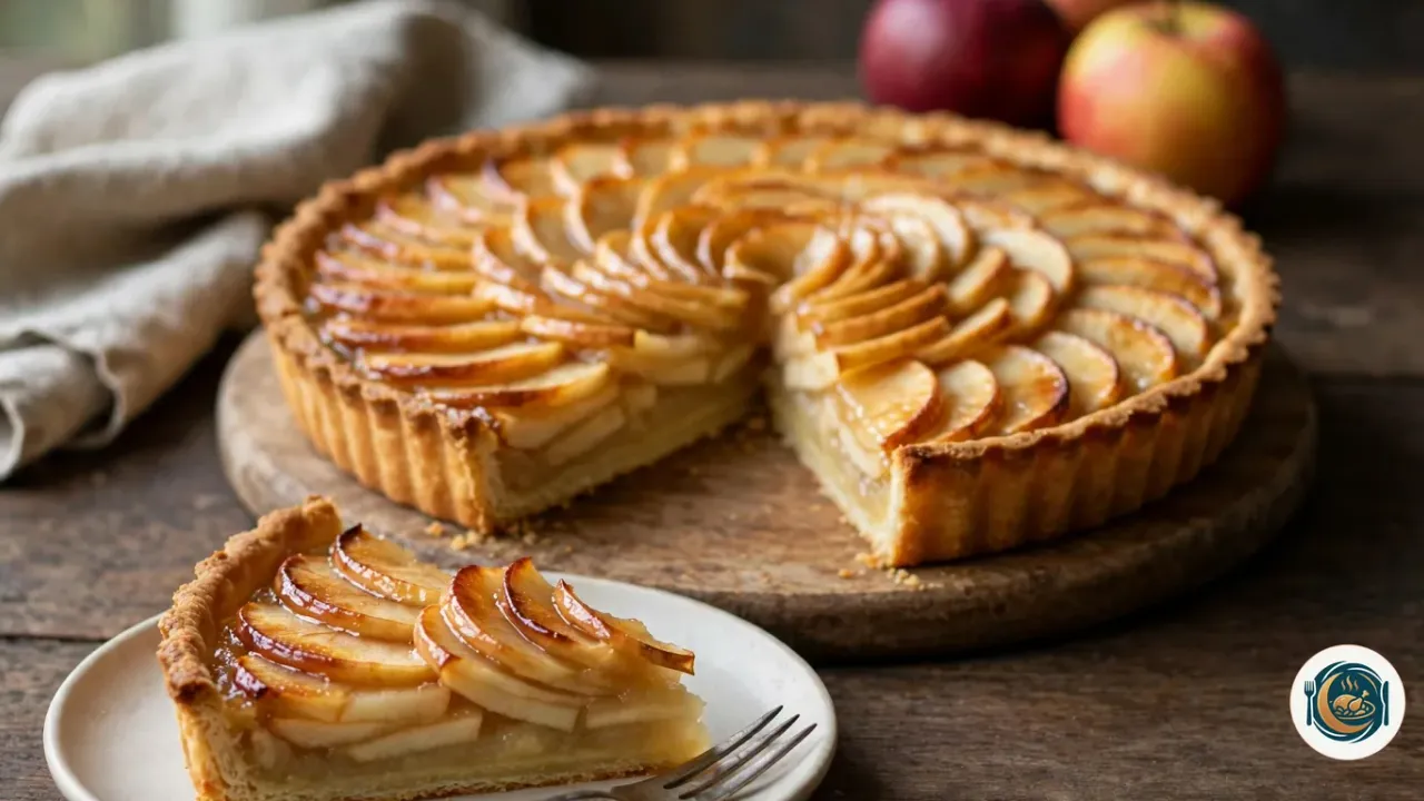 Tarte aux pommes démoulée sur une planche ronde en bois, avec une pâte brisée dorée aux bords cannelés et de fines lamelles de pommes en rosace nappées d’abricot, une part découpée posée sur une assiette avec une fourchette, des pommes entières et un torchon en lin derrière, sur une table en bois sombre