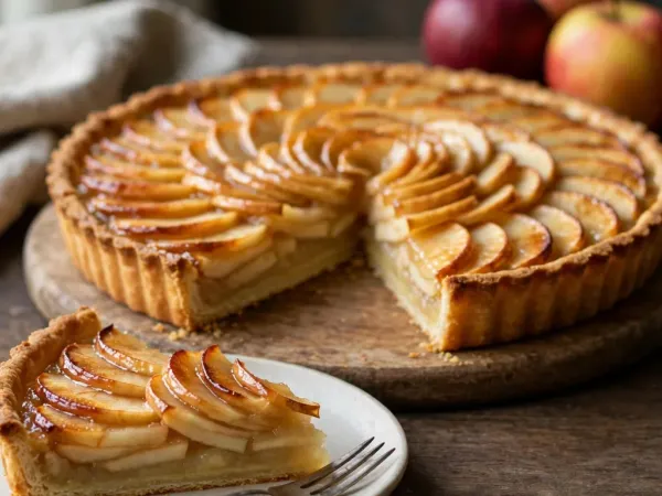 Tarte aux pommes démoulée sur une planche ronde en bois, avec une pâte brisée dorée aux bords cannelés et de fines lamelles de pommes en rosace nappées d’abricot, une part découpée posée sur une assiette avec une fourchette, des pommes entières et un torchon en lin derrière, sur une table en bois sombre