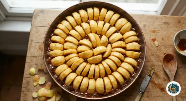 Quartiers de pommes épluchés, serrés en cercles dans un moule à tatin en cuivre au fond couvert de caramel