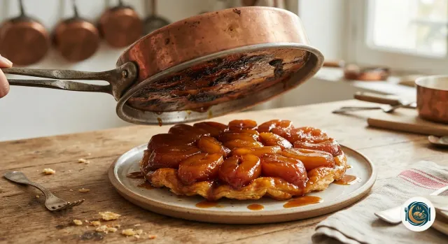 Tarte Tatin que l’on vient de retourner sur un plat, le moule en cuivre soulevé révélant les pommes caramélisées