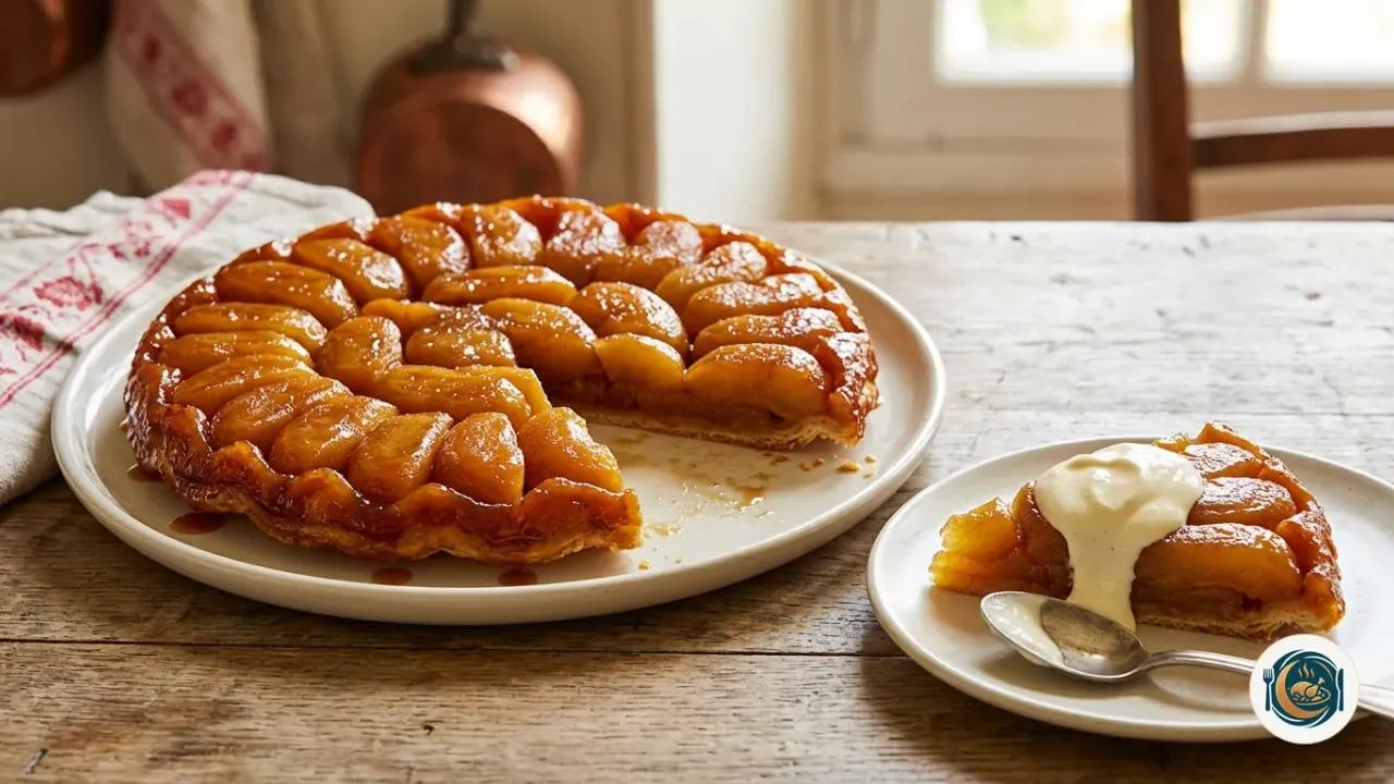 Tarte Tatin démoulée sur un plat, ses quartiers de pommes caramélisés et brillants bien serrés, une part servie avec une cuillère de crème fraîche épaisse