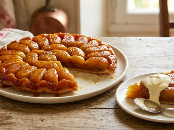 Tarte Tatin démoulée sur un plat, ses quartiers de pommes caramélisés et brillants bien serrés, une part servie avec une cuillère de crème fraîche épaisse
