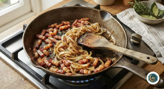 Lardons fumés dorés et oignons émincés fondus dans une grande poêle en fer, avec une spatule en bois