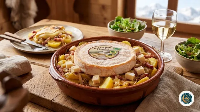 Demi-reblochon posé croûte vers le haut au centre d’un plat à gratin en terre cuite rempli de pommes de terre, de lardons, d’oignons et de dés de fromage, prêt à enfourner