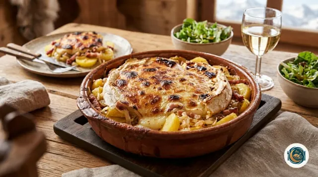 Tartiflette qui sort du four, le reblochon fondu et gratiné, doré et taché de brun, dans un plat en terre cuite posé sur une planche en bois