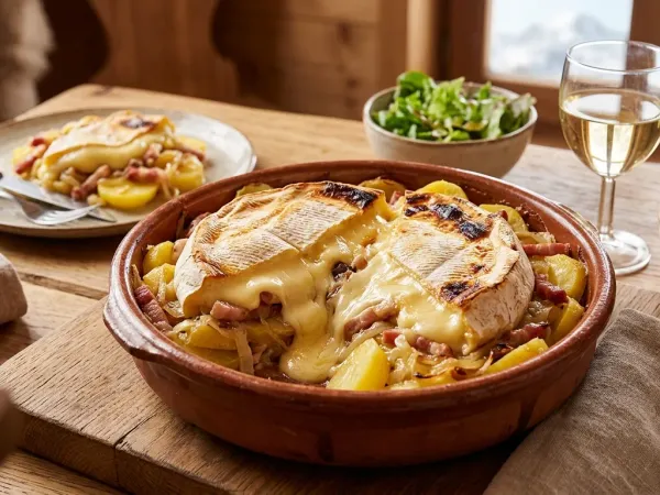 Tartiflette dorée dans un plat à gratin en terre cuite, le reblochon fondu croûte vers le haut sur les pommes de terre et les lardons, une part servie dans une assiette à côté d’un saladier de salade verte et d’un verre de vin blanc