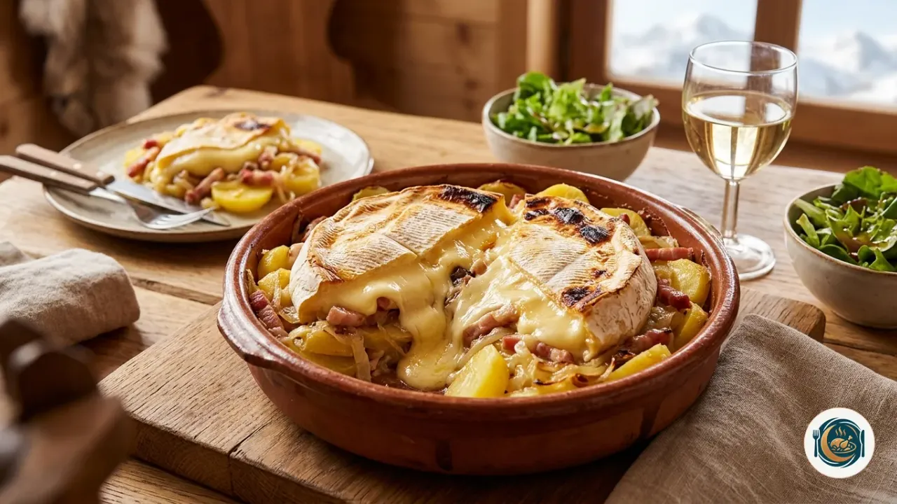 Tartiflette dorée dans un plat à gratin en terre cuite, le reblochon fondu croûte vers le haut sur les pommes de terre et les lardons, une part servie dans une assiette à côté d’un saladier de salade verte et d’un verre de vin blanc