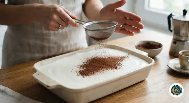 Cacao amer saupoudré à travers une petite passoire au-dessus d’un tiramisu à la surface blanche et lisse, dans un plat rectangulaire