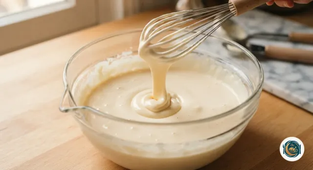 Jaunes d’œufs et sucre fouettés en une crème pâle et épaisse qui forme un ruban en coulant du fouet, dans un saladier en verre