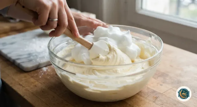 Blancs en neige incorporés à la crème au mascarpone avec une maryse, le geste qui soulève la crème du fond du saladier
