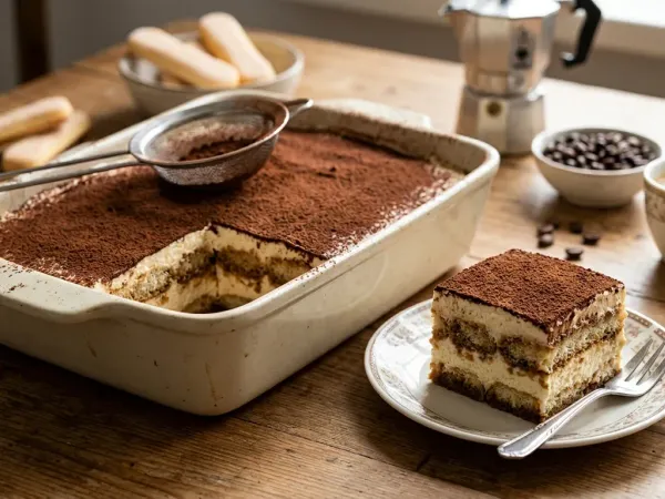 Tiramisu dans un plat rectangulaire en céramique, saupoudré de cacao, une part découpée et servie sur une assiette qui montre les couches de biscuits imbibés de café et de crème au mascarpone, à côté d’une tasse d’expresso