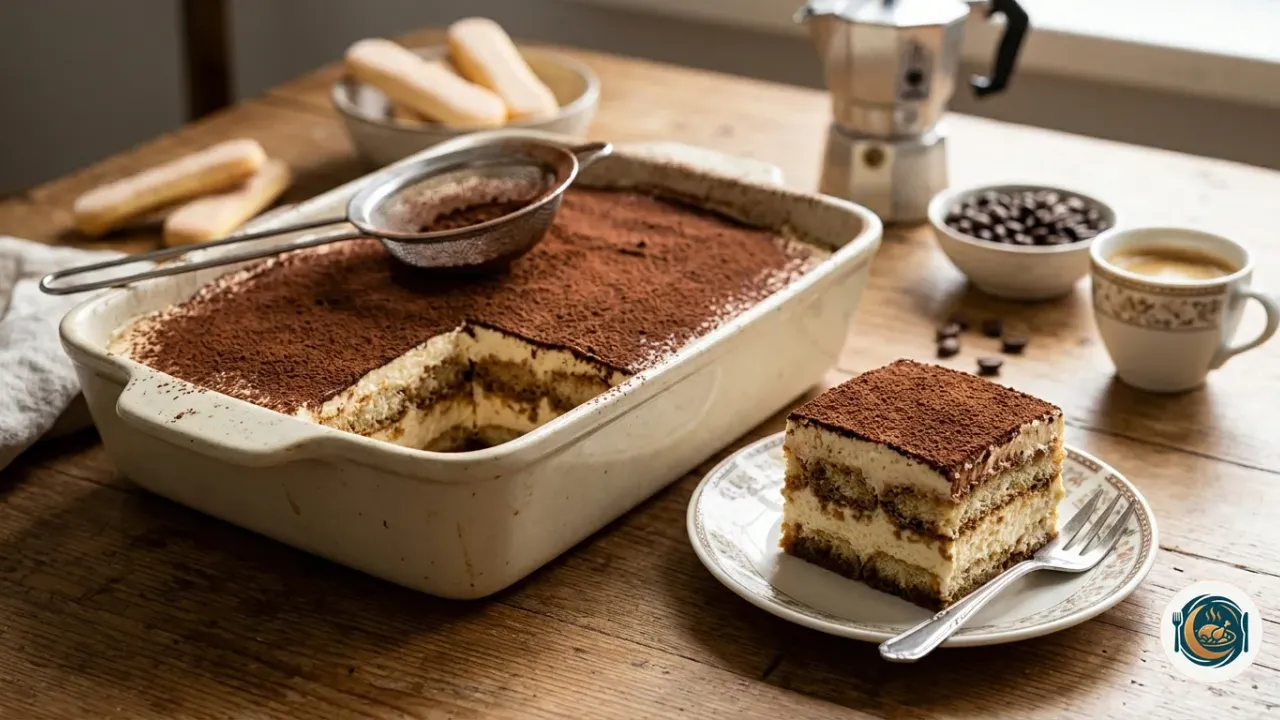 Tiramisu dans un plat rectangulaire en céramique, saupoudré de cacao, une part découpée et servie sur une assiette qui montre les couches de biscuits imbibés de café et de crème au mascarpone, à côté d’une tasse d’expresso