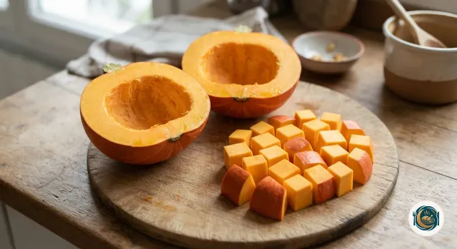 Potimarron coupé en deux sur une planche, les graines retirées, à côté de cubes de potimarron avec leur peau orange