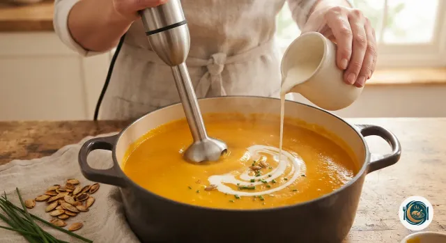 Mixeur plongeant dans une casserole de velouté de potimarron lisse et orange, pendant qu’on verse un filet de crème