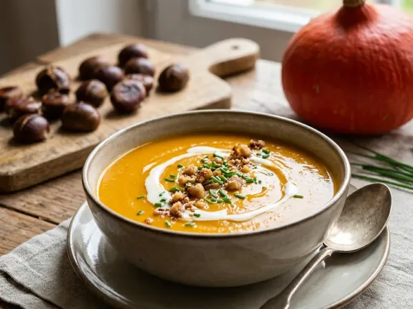 Velouté de potimarron orange dans un bol en grès, avec un filet de crème, des éclats de châtaignes grillées et de la ciboulette, à côté d’un potimarron entier