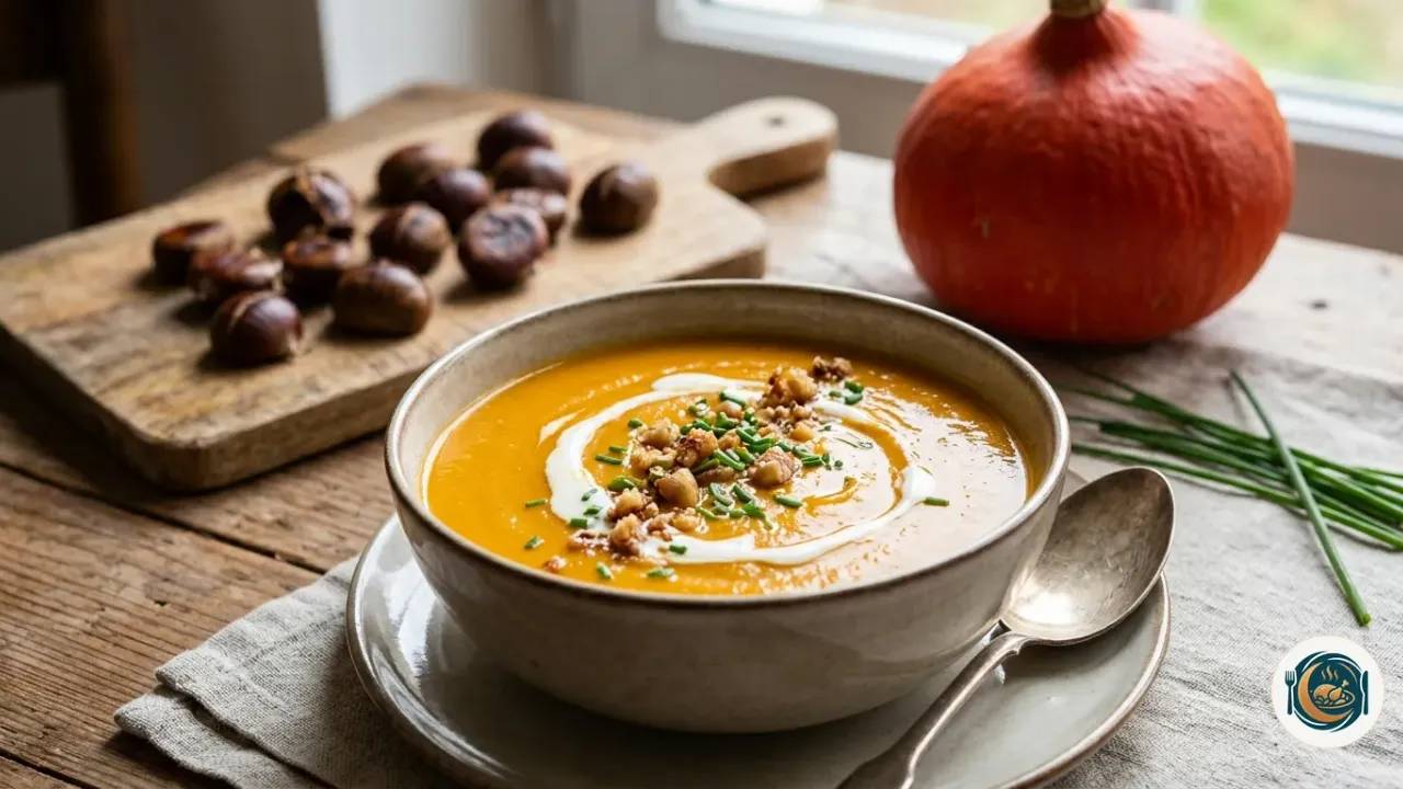 Velouté de potimarron orange dans un bol en grès, avec un filet de crème, des éclats de châtaignes grillées et de la ciboulette, à côté d’un potimarron entier